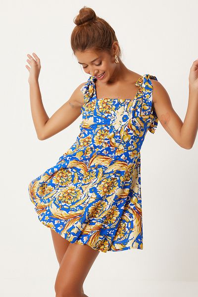 Happiness İstanbul Blau-gelbes gemustertes Viskose-Minikleid – Dicke Träger, Sommer – FN03238