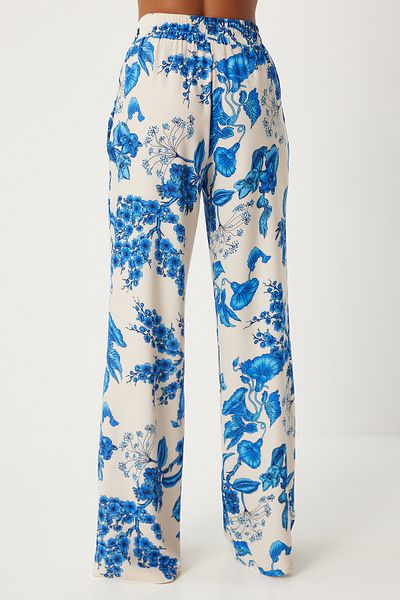 Happiness İstanbul Blue Ecru Patterned Viscose Women's Blouse and Palazzo Pants Set - FN03251