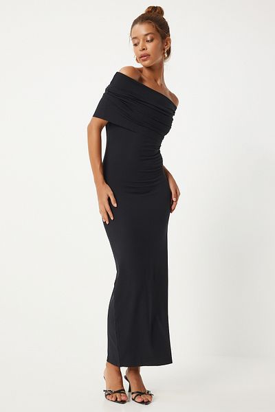 Happiness İstanbul Schwarzes Strickkleid mit Carmenkragen für Damen - FN03266