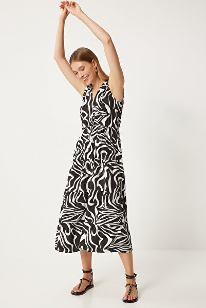 Happiness İstanbul Black and White V-Neck Viscose Summer Dress - CI00110