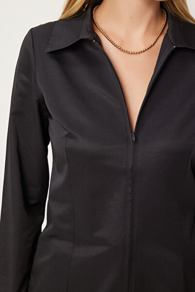 Happiness İstanbul Női fekete ing - kényelmes cipzáras FN03242