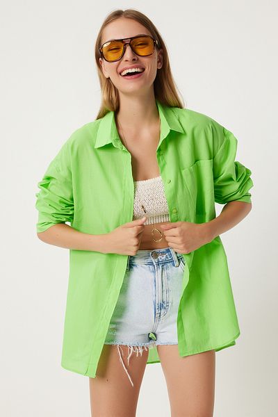 Happiness İstanbul Grünes Oversize-Hemd – Einzeltasche, Vibrant Summer-Modell FN03244