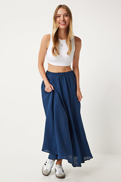 Happiness İstanbul Navy Blue Linen Blended Flounce Long Women's Skirt - DP00209