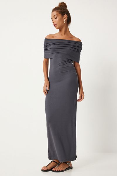 Happiness İstanbul Smoked Carmen Collar Women's Knitted Saran Dress - FN03266