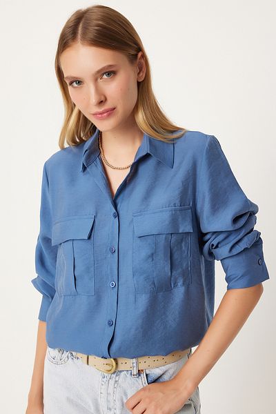 Happiness İstanbul Indigo Blue Wide Pocket Women's Tensel Shirt - FN03243