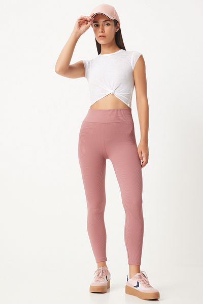 Happiness İstanbul Puderfarbene gerippte Strickstrumpfhose mit hoher Taille für Damen ZV00208