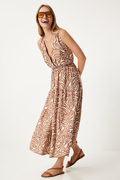 Happiness İstanbul Rochie de damă din viscoză - maro crem, decolteu în V, model de vară CI00110