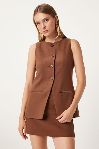 Happiness İstanbul Lange, detaillierte Fleto-Weste für Damen in Braun - FN03239