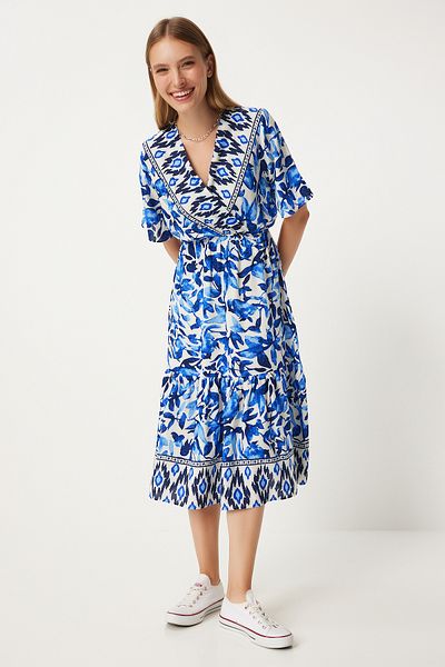 Happiness İstanbul Rochie albastru din viscoza ecru - decolteu in V, talie elastica, vara CI00111