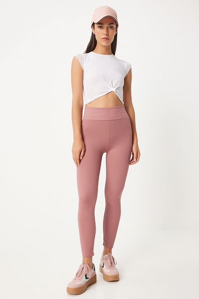 Happiness İstanbul Puderfarbene gerippte Strickstrumpfhose mit hoher Taille für Damen ZV00208