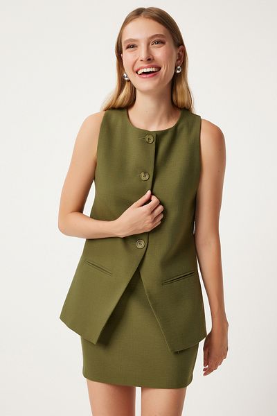 Happiness İstanbul Dunkelkhakifarbene Damenweste – Fleto Woven, Taschendetail, lang FN03239