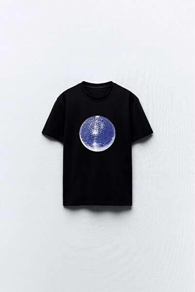 GIA - ART تي شيرت نسائي أسود - تصميم كرة ديسكو مطبوع