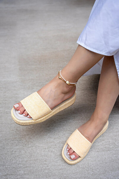 LAMİNTA Oslo Ecru Women's Slippers - Flat 4cm, Special Thick Sole