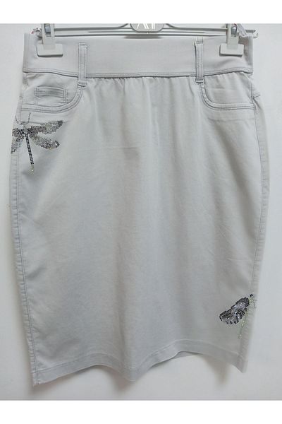AKŞEN GİYİM LARGE SIZE THIN DENIM LYCRAL COTTON FABRIC WAIST ELASTIC FULL SUMMER DRAGONFLY STONE PRINTED SHORT SKIRT