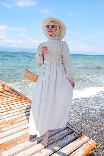 LOCCO Lace Detailed Lined Slim Fit Linen Hijab Dress Stone