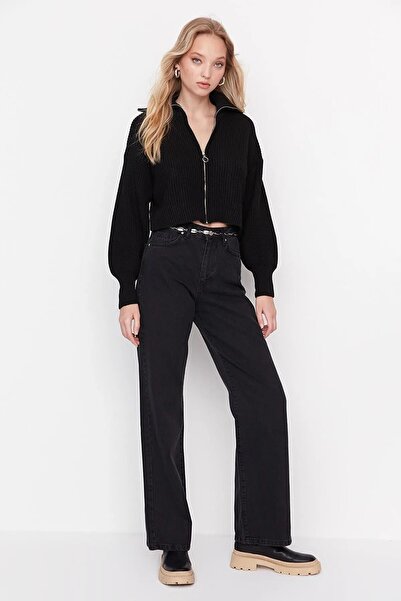 mooishan بنطلون جينز أسود عالي الخصر وواسع الساق من جيسيكا