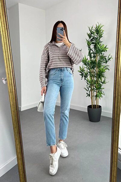 mooishan Ανοιχτό μπλε Lycra Mom Jeans - Super High Waist, Acid Snow Wash, Com...
