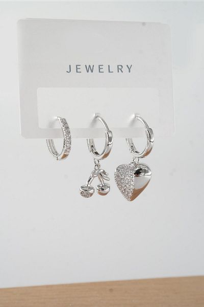 By Zeyna Aksesuar Vip Women's Baguette - Zircon Stone, Mixed Figure 3-Piece Earrings zrk00566