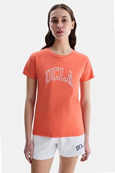UCLA Γυναικείο μπλουζάκι ANGELA Pink Crew Neck με κέντημα Standard Fit