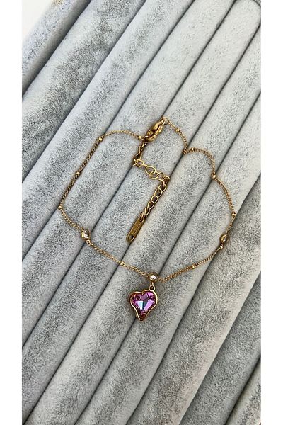 SU PERİSİ TAKI BİJUTERİ Steel Gold Hologram Heart Detailed Anklet