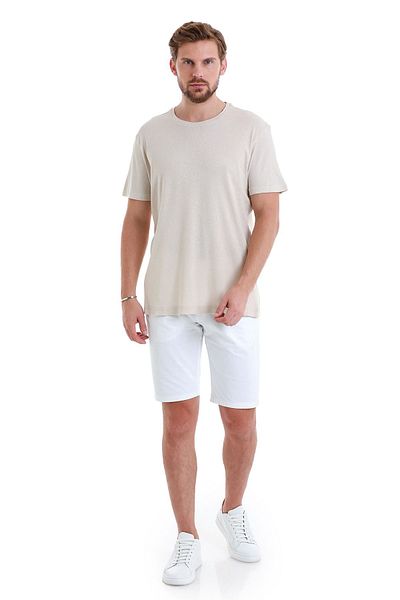Hatemoğlu Λινό μπλουζάκι Ecru Regular Fit Solid Crew Neck