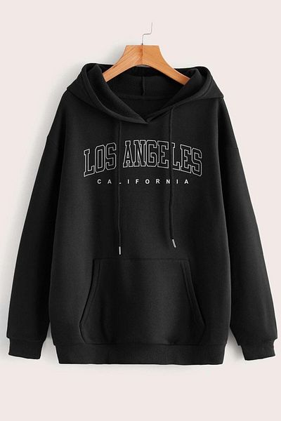 MODAGEN Unisex černá oversize mikina s kapucí s potiskem Los Angeles