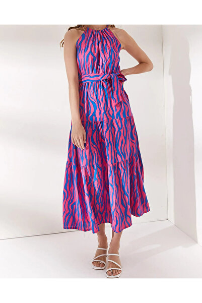 DTBUTİK Halter Yaka Maxi Boy Zebra Desenli Elbise