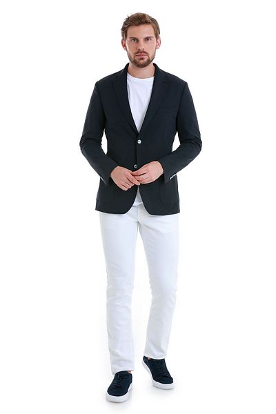 Hatemoğlu Navy Blue Slim Fit Striped Mono Collar Casual Jacket