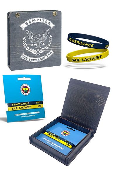 Fenerbahçe Licensed 2-Piece Yellow Navy Blue Silicone Bracelet - Gift Wooden Box