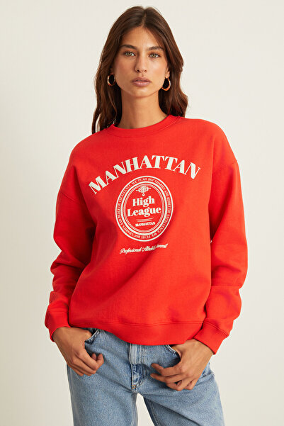 GRIMELANGE Anny Women's Print Detailed 100% Organic Cotton Round Neck Long Sleeve Red Sweatshirt