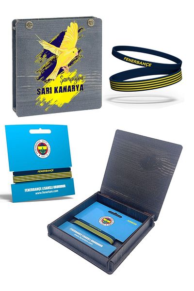 Fenerbahçe Licensed 2-Piece Dark Blue Silicone Bracelet - Canary Printed Gift Wooden Box