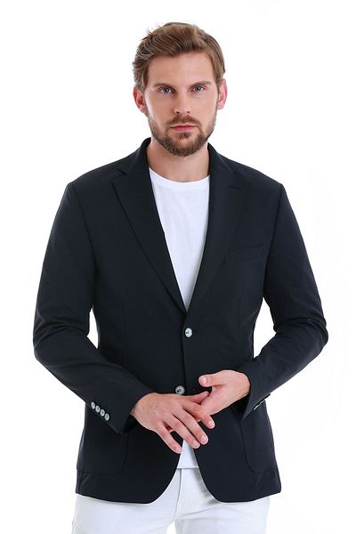 Hatemoğlu Navy Blue Slim Fit Striped Mono Collar Casual Jacket