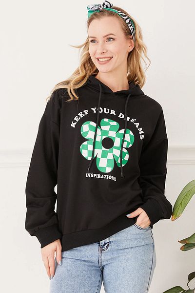 Go Veform Hanorac de damă cu glugă cu model floral negru - ZN5059