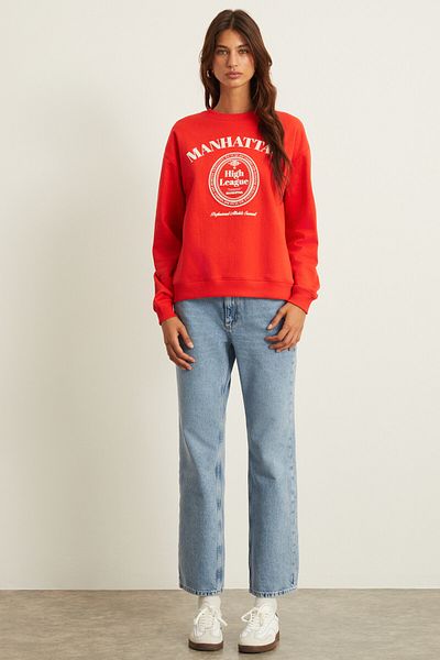 GRIMELANGE Anny Women's Print Detailed 100% Organic Cotton Round Neck Long Sleeve Red Sweatshirt