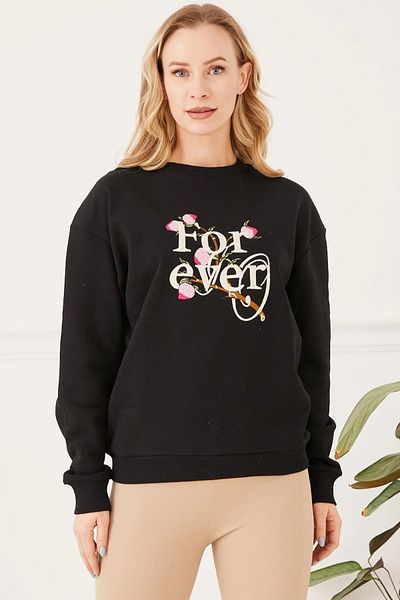 Go Veform Black Embroidered Women's Sweatshirt - Crew Neck ZN5098