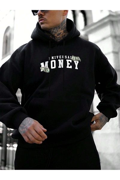 Black Sokak Men's Black Oversize Hooded Sweatshirt - Money Printed