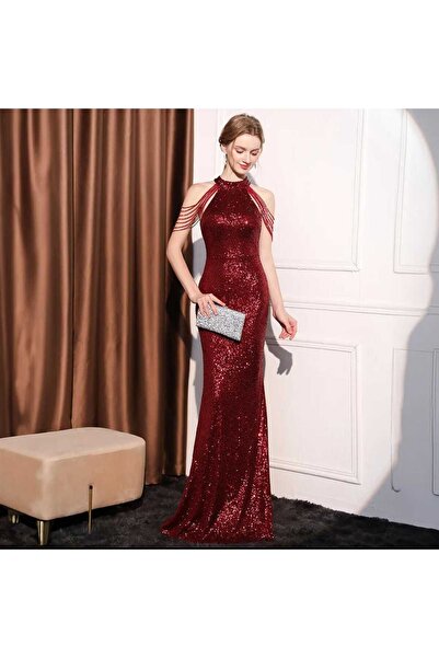 elissaa HALTER YAKA BONCUK DETAYLİ PUL PAYET ABİYE ELBİSE