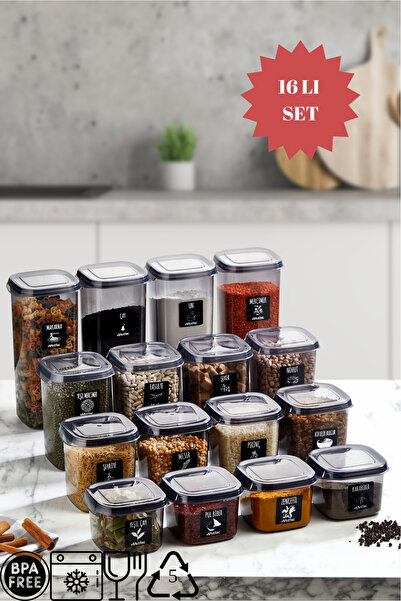 Pazarika 16'lı Set Kapaklı Kare Erzak Saklama Kabı Antrasit 4x(0,57 LT-0,87 L...