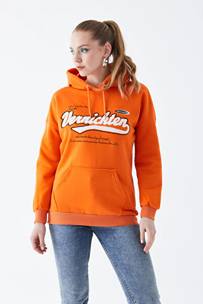 Go Veform سويت شيرت نسائي بطبعة جيب الكنغر باللون البرتقالي - ثلاثة خيوط مضلع...