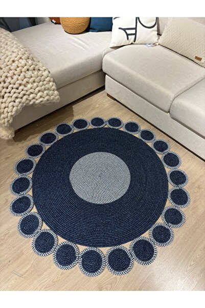 MaVaux Bej Jüt Hasırlı El Örgüsü Kilim Halı Hasır Yuvarlak