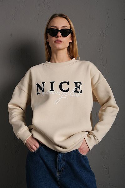 MODAGEN Γυναικείο φούτερ σε μπεζ Nice printed Crew Neck Oversize