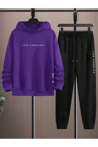 Black Sokak Loss Angeles Printed Purple-Black Men's Sweatshirt and Sweatpants Set - Oversize Hoodie