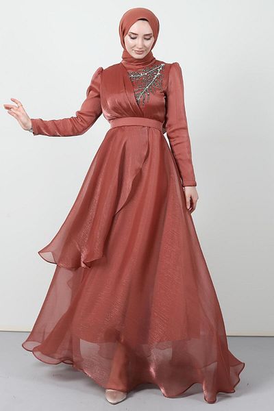 Giza Giyim Coral Stoned Organza Evening Dress
