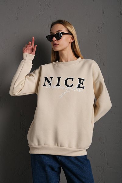 MODAGEN Γυναικείο φούτερ σε μπεζ Nice printed Crew Neck Oversize