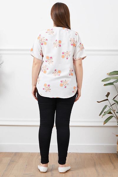 Go Veform Plus Size Floral Print Linen Blouse - Short Sleeve, Orange ZN5051