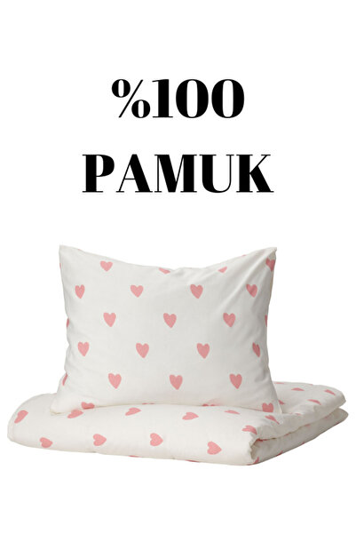 IKEA %100 PAMUK, PEMBE KALPLI TEK KİŞİLİK NEVRESİM TAKIMI (çarşafsız)