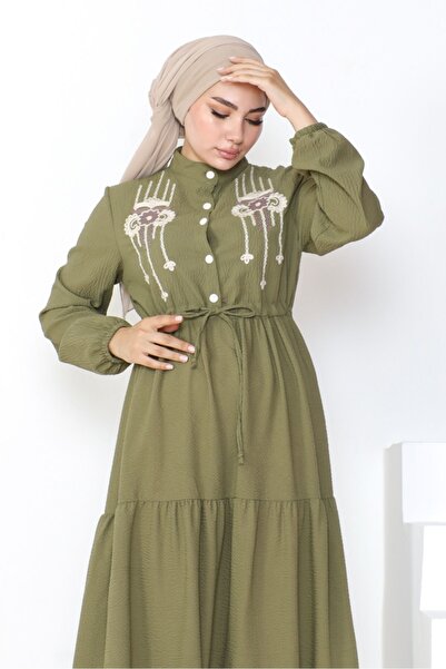 Bestenur Χακί Κεντημένο Φόρεμα Ολόσωμο - 1048