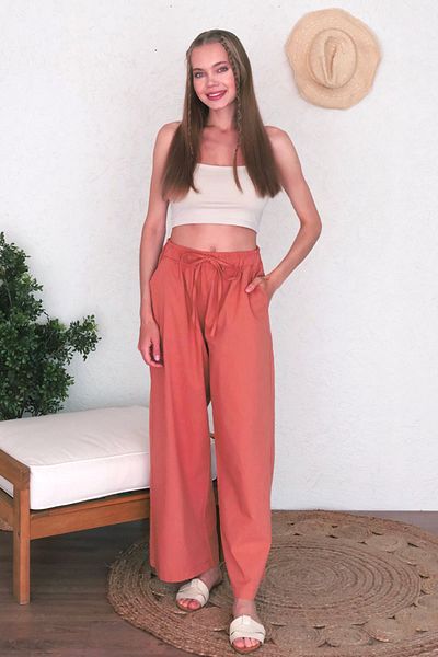Ceylan Otantik Organic Brick Colored Linen Wide Leg Trousers