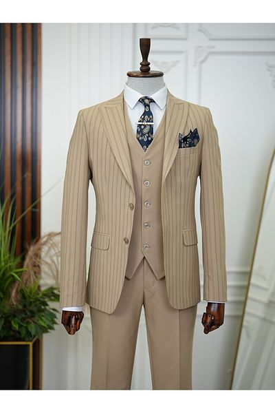 LONATOLİA Men's Slim Fit Cream Suit - Italian Style, Swallow Collar Jacket, Vest, Trousers - Xprzcom820-06