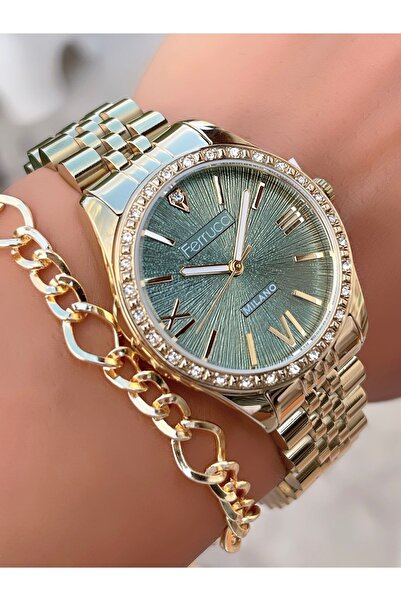 Ferrucci ساعة يد نسائية بتصميم خاص مع شكل حجر الحبل الفولاذي + سوار هدية